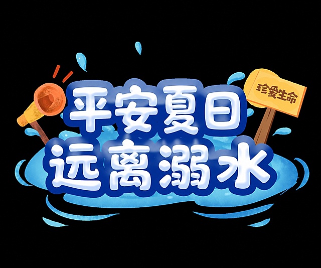 参考图中字体样式，生成文字“平安夏日 远离溺水”，保留原有蓝色描边白色填充、水花装饰、夏季夏日清爽风格，整体排版和装饰元素保持和参考图一致风格