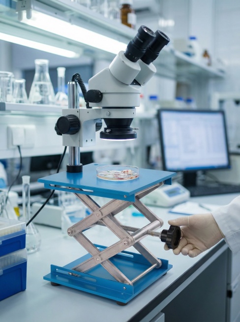 生物实验室特写，一台体视显微镜稳稳固定在小型手动升降台上。研究员正旋转手柄，将样品（如果蝇、芯片）精细调节到最佳观测焦距和操作高度，长时间工作无需弯腰。冷白光照明，画面极为清晰。  比例3:4预览效果