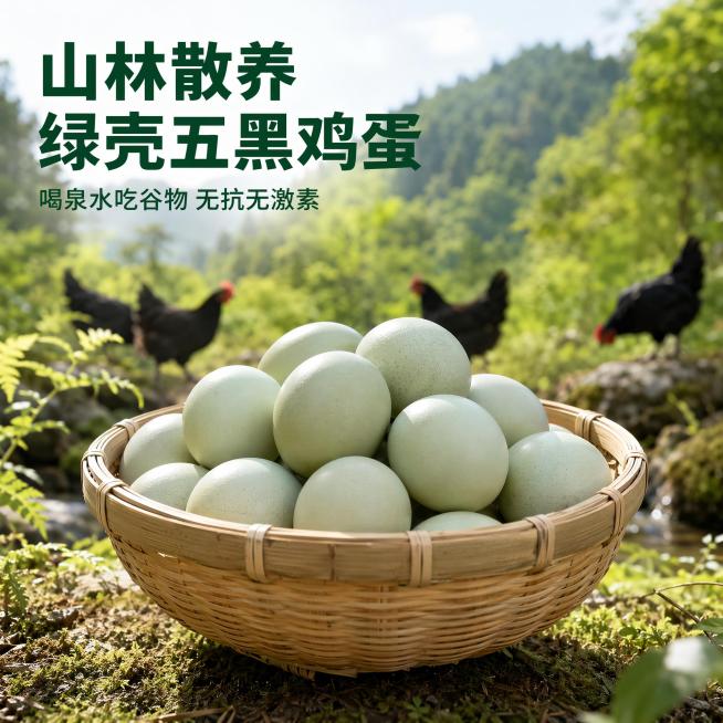[主图-1] 五黑鸡绿壳鸡蛋产品首图；[氛围风格] 原生态山林散养，自然清新氛围；[画质] 商业摄影质感、自然柔和光线、鸡蛋清晰真实、画面干净高级；[元素] 画面中心展示一篮新鲜带壳绿壳鸡蛋，鸡蛋壳呈预览效果