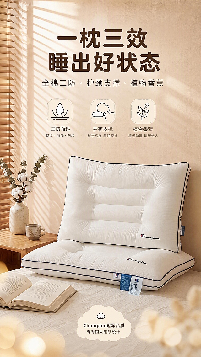 [商品] 使用【图1】Champion中枕（护颈款）；保留白色枕身、藏青滚边、三道绗缝分区、Champion刺绣Logo、右下角蓝白三防标签和洗水标、饱满枕型；自然理顺面料褶皱，增强全棉肌理质感和缝线精致度，不改变颜色、版型和Logo位置。
[画面] 目标：氛围头图，建立高级温馨第一印象。构图：竖版9:16，两只枕头叠放（下方横放、上方立靠），产品居中偏下，占画面55%；场景：暖调卧室晨光，左侧木百叶窗投下条状光影，原木床头柜上有棉花枝+尤加利叶花瓶和马克杯，床上有摊开的书本；前景柔和光斑，中景枕头主体清晰，后景暖杏色墙面朦胧。阅读动线：从上至下，顶部大标题，中部副标题，底部产品主体。
[视觉] 套系策略：风格=温馨治愈日式家居商业摄影风；标题字=现代圆润粗黑体；正文字=简洁无衬线体；主色=奶白+暖杏色；背景延展=基于暖杏色做深浅渐变、墙面肌理和柔和光影层次；强调色=藏青色（取自滚边），仅用于小面积标签、图标和重点文字高亮；标题色=深暖棕；正文色=中暖灰；组件=圆角浅底信息卡、细曲线引线、柔软云朵形标签；光影=左侧百叶窗暖晨光，右前侧补柔光，整体暖调通透。
[文字] 顶部居中主标题：一枕三效 睡出好状态；副标题：全棉三防·护颈支撑·植物香薰；底部小字：Champion冠军品质 专为国人睡眠设计；文字区在画面上半部分留白处，不遮挡枕头主体和Logo。
[规格] 图片比例9:16竖版，4K分辨率，抖音电商详情页风格；避免冷蓝调、文字过小、产品变形、Logo错乱、褶皱杂乱、过度锐化。