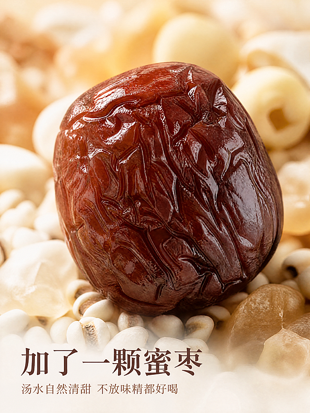 主图5张：

序号 画面 文案
1 4包清补凉围着一碗清亮的汤，颜色淡雅 “广东人四季都喝的清补凉·不寒不燥·清润回甘”
2 撕开一包，玉竹、百合、莲子、山药、薏米、蜜枣铺开 “玉竹·百合·莲子·山药·薏米·蜜枣，就这六味”
3 一碗清补凉排骨汤，汤色清亮见底 “夏天喝消暑，秋天喝润燥，一年四季都能煲”
4 蜜枣特写 “加了一颗蜜枣，汤水自然清甜，不放味精都好喝”
5 白底+文字 “广东阿妈煲了几百年的汤方·简单·经典·好喝”

详情页：

· 模块1：“如果你不知道煲什么汤，就煲清补凉。不寒不燥，清润回甘，一年四季都能喝。广东家庭必备的汤方。”
· 模块2：六味食材围成一圈，逐一标注：“玉竹——润润的”、“百合——安安静静”、“莲子——粉糯”、“山药——养人”、“薏米——清爽”、“蜜枣——点睛之甜”。
· 模块3：“夏天喝，消暑；秋天喝，润燥；春天喝，祛湿；冬天喝，清润。四季皆宜，所以叫清补凉。”
· 模块4：“和排骨、瘦肉一起煲，或者直接素汤都好喝。蜜枣让汤水自然清甜，小朋友也爱喝。”
· 模块5：“45元4包，够煲4次。一家人一起喝，每周煲一次，一个月刚好。”「图片1」「图片1」不要带有宣传功效的词语 和图片如果用到袋子只有食品自封袋