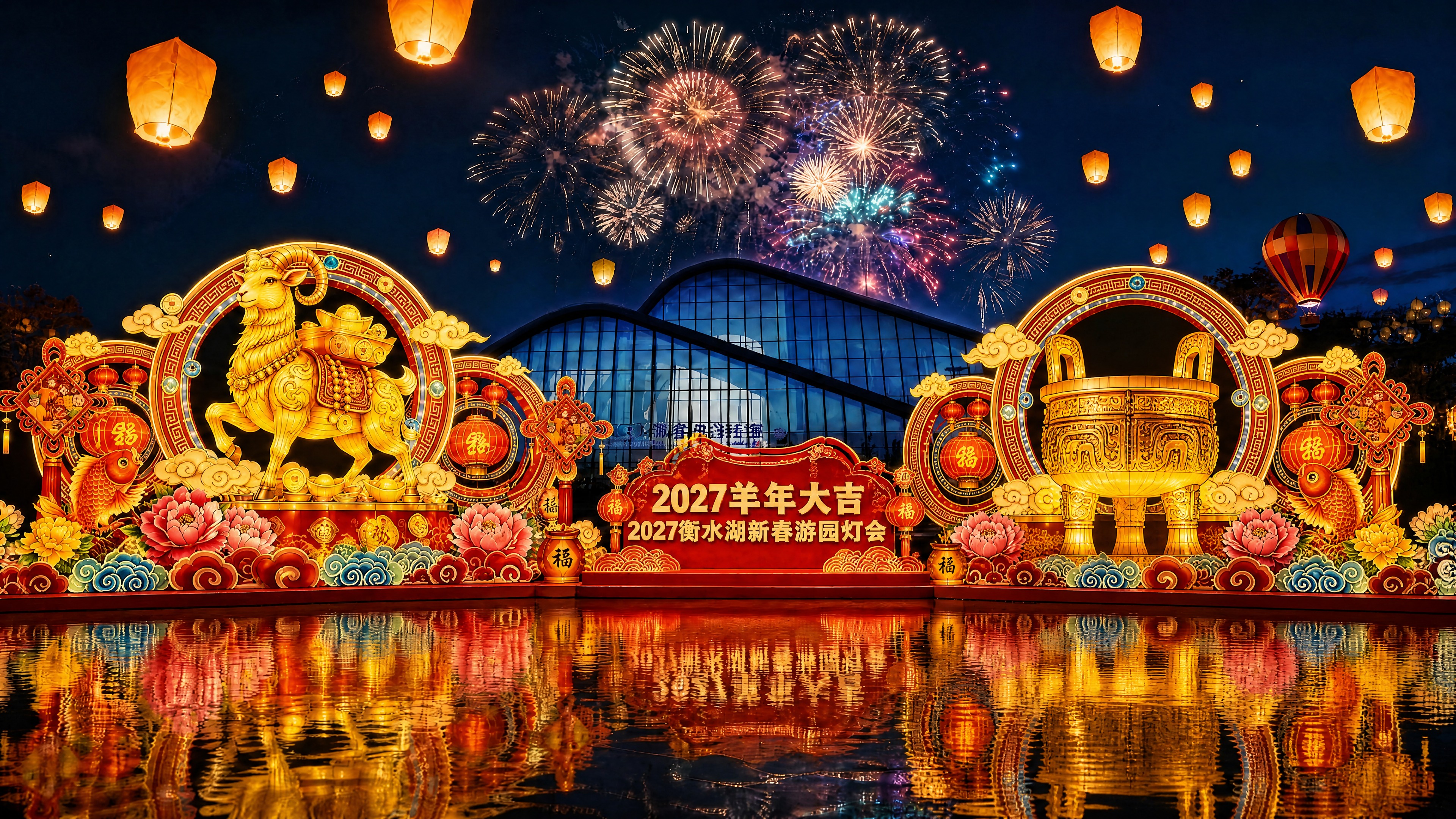 修改右侧灯组，使其与左侧金羊灯组形成镜像对称的视觉效果： -… - 图片创意预览