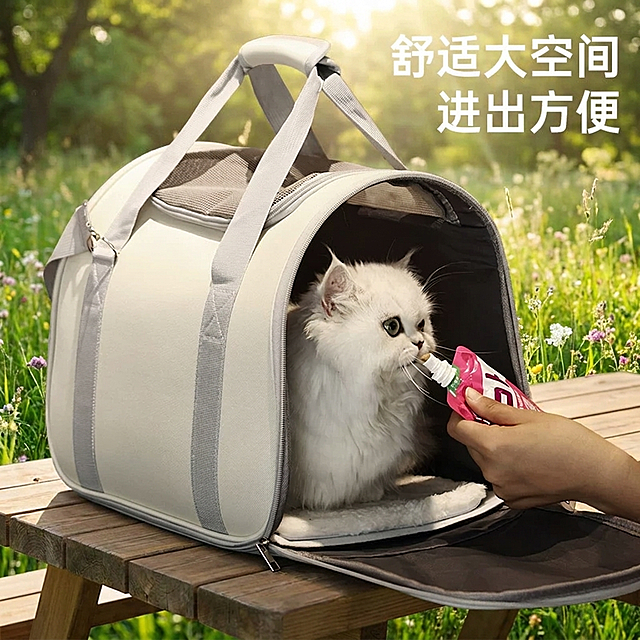 保留原图所有文字信息和猫包及猫主体不变，将背景替换为阳光明媚的户外草地，整体风格为户外休闲风，尺寸为800*800像素