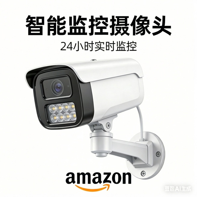 将图一的产品删除，把图二的监控摄像头头部替换到图一中原产品的位置，保持图一的文字内容、白底背景、整体布局和其他元素完全不变预览效果