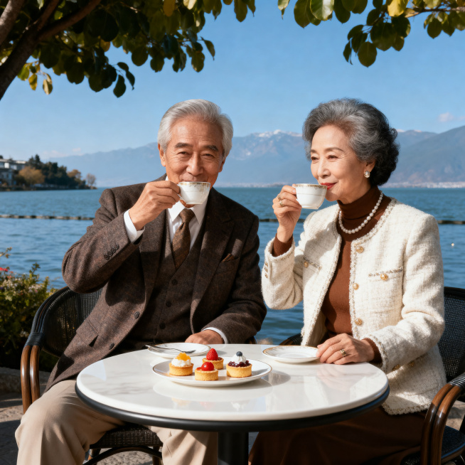 一对穿着时尚的老年夫妻在大理洱海边网红拍照点喝下午茶，漂亮的桌子，桌上摆放着小点心，优美的洱海风景背景，画面清晰高级，氛围惬意，8K清晰度预览效果