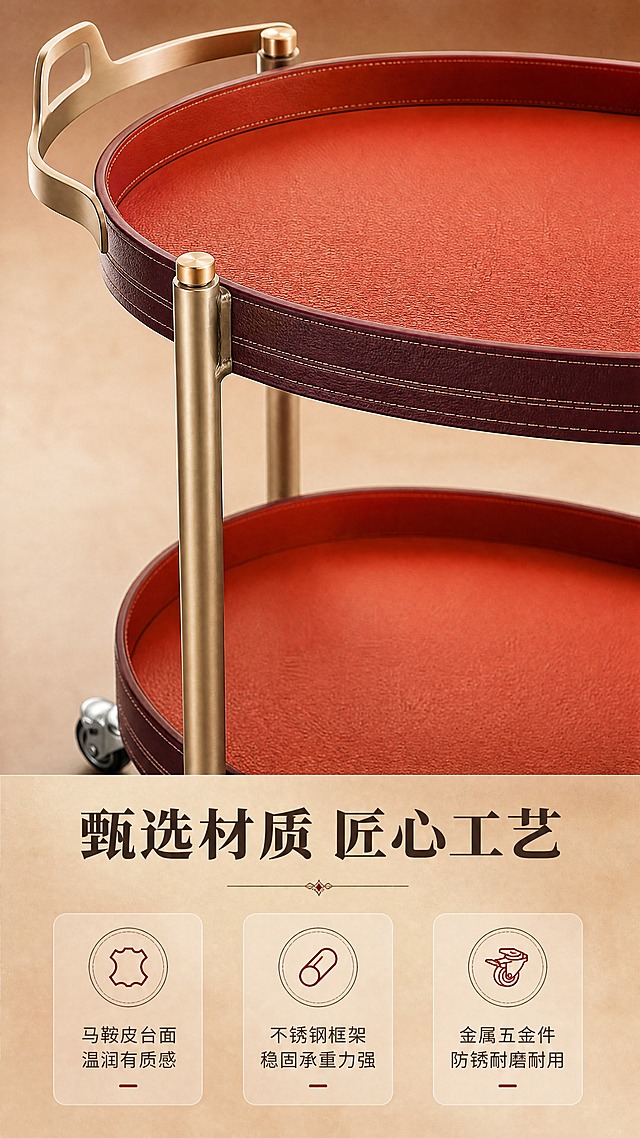 [商品] 使用【图1】左侧DS-071A红色款移动餐车；保留椭圆形双层马鞍皮台面、香槟金不锈钢支架、金属提手、万向滑轮的结构与比例；重点展示台面马鞍皮的细腻纹理、不锈钢支架的金属质感与焊接工艺细节，红色马鞍皮颜色不变。
[画面] 页面目标：材质工艺证明，建立品质信任感。上特写下说明构图，上半部分为餐车台面与支架的微距特写（约占画面60%），可以看到马鞍皮的自然纹理、缝线细节、不锈钢金属的细腻光泽；下半部分为文案与3个材质图标说明区；背景为暖驼色渐变，突出材质本身的质感。
[视觉] 套系策略：风格=轻奢复古家居商业摄影；标题字=现代衬线粗体（复古感）；正文字=简洁无衬线体；主色=复古红棕+暖驼色；背景延展=基于暖驼色做深浅层级、同色渐变和细腻纸张/织物质感；强调色=复古红，仅用于小面积图标、引线和标签；标题色=深棕黑；正文色=中暖灰；组件=圆角浅底信息卡、细线引线、复古胶囊框；光影=左前侧暖柔光，柔和阴影。
[文字] 下方文案区：主标题「甄选材质 匠心工艺」（8字），3个材质卖点带图标：「马鞍皮台面 温润有质感」「不锈钢框架 稳固承重力强」「金属五金件 防锈耐磨耐用」；每个卖点配简洁线条图标；文字清晰可读，不遮挡材质特写主体。
[规格] 图片比例9:16竖版，4K分辨率，负向提示：避免变形、错字、文字过小、冷蓝/蓝灰背景、产品颜色改变、结构失真、平台Logo水印、绝对化用语。