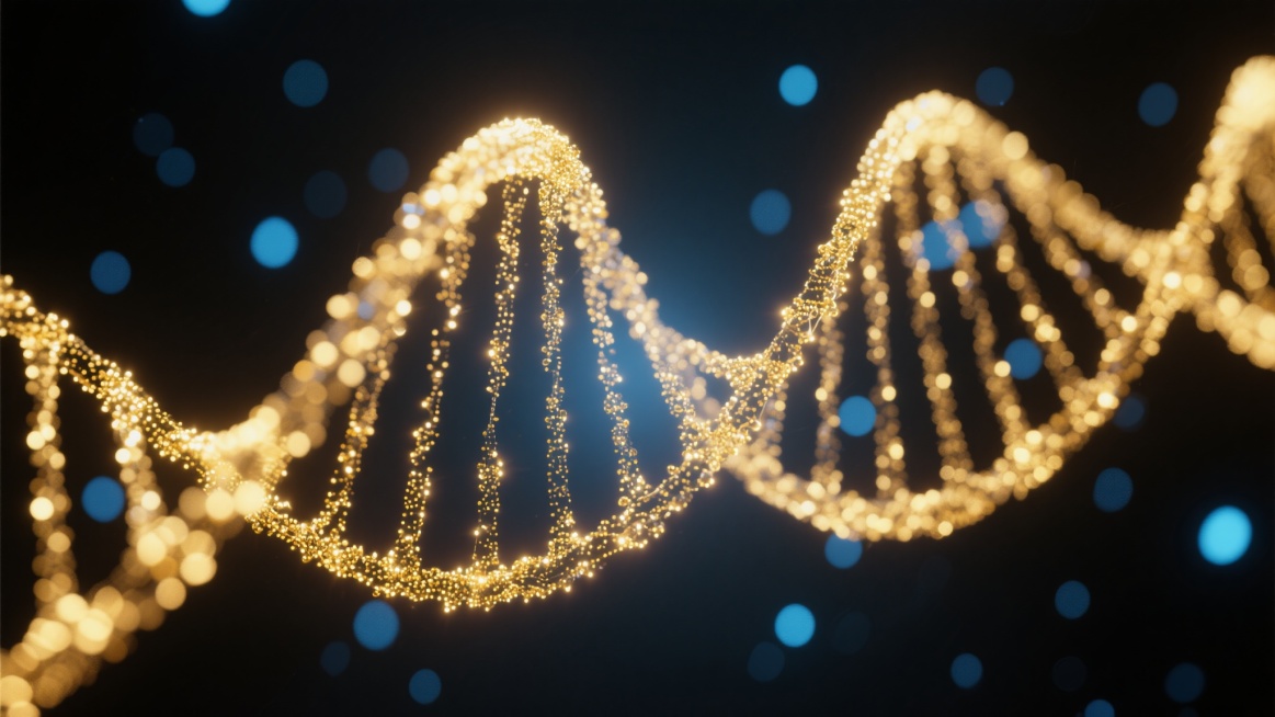深邃的黑色微微发蓝背景，充满科技感和未来感，画面中央有一个金色的DNA双螺旋结构，DNA链由发光的金色粒子组成，带有轻微的光晕效果，背景中点缀着稀疏的蓝色光点，整体呈现出神秘而高端的科技氛围预览效果