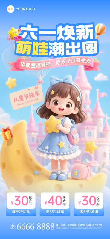 61儿童节梦幻软3D节日营销服装促销通用活泼感全屏海报预览效果
