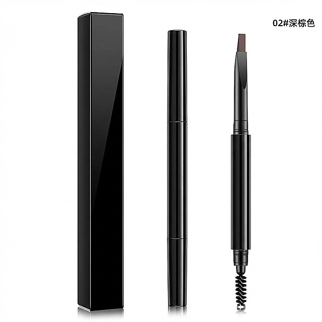 将这张眉笔图的外包装盒和笔身包材全部修改为亮黑色，笔头保持扁平形状，不要改为三角形，保留其他所有内容不变，包括02#深棕色文字和整体构图布局