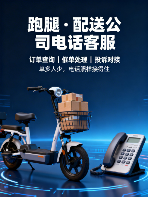 电商宣传海报，主标题"跑腿・配送公司电话客服"，副标题"订单查询｜催单处理｜投诉对接"，卖点"单多人少，电话照样接得住"，包含元素：电动车、包裹、电话，商务简洁风格，深蓝色科技感背景，文字清晰排版整齐预览效果
