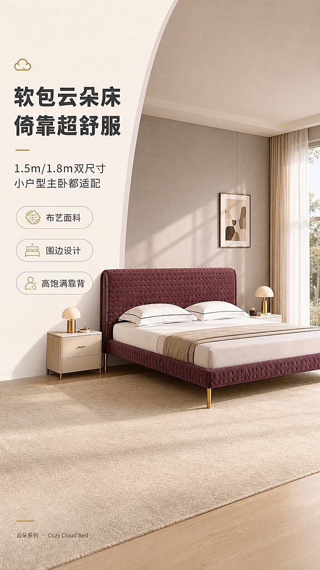 [商品] 使用【图1】酒红色布艺软包床；商品处理：保留拉点靠背设计、围边床架、金属细脚、酒红色布艺面料和整体结构；自然理顺面料褶皱，增强布艺纹理质感与金属脚光泽，不改变床的版型、颜色和结构。
[画面] 目标：头图海报，突出软包云朵床的舒适感与双尺寸适配。左文右景竖版构图，左侧约1/3留白文案区，右侧为现代简约卧室大场景，产品居中偏右摆放，占画面约55%。前景铺浅米色地毯，中景是床+两侧简约床头柜+台灯，后景是浅灰色墙面+落地窗+白纱窗帘，暖调午后自然光从右侧洒入，营造温馨慵懒的卧室氛围。
[视觉] 套系策略：风格=现代简约温馨家居商业摄影；标题字=思源黑体粗体；正文字=思源黑体常规；主色=酒红豆沙紫；背景延展=基于奶油米白+浅灰做深浅层级、同色渐变和细腻墙面/织物质感；强调色=暖金色，仅用于小面积图标、引线、标签和金属床脚高光；标题色=深炭灰；正文色=中暖灰；组件=圆角浅底信息卡、细线引线、胶囊形卖点框；光影=右前侧暖柔光，柔和自然阴影。
[文字] 左侧竖排文案区：主标题"软包云朵床 倚靠超舒服"，副标题"1.5m/1.8m双尺寸 小户型主卧都适配"，下方3个胶囊形卖点框："布艺面料"、"围边设计"、"高饱满靠背"，底部小字系列标注。文字不遮挡床体主体。
[规格] 图片比例9:16竖版，4K，避免变形、错字、文字过小、冷蓝背景、床颜色改变、结构失真、极限词。