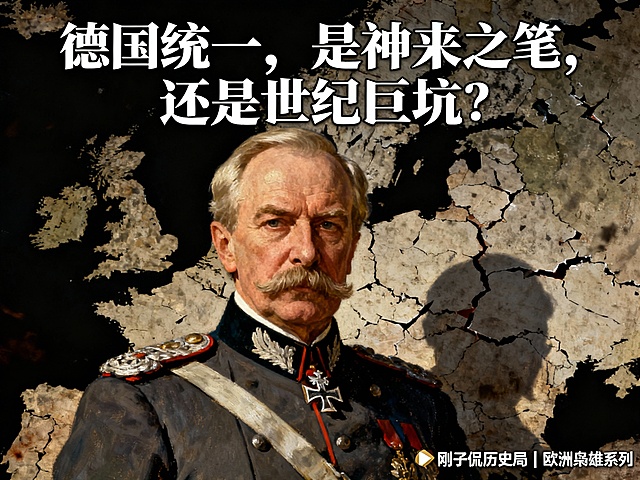 封面图提示词（AI / 设计通用）

中文提示词：

19世纪德国历史风格插画，俾斯麦半身肖像，穿普鲁士军装，表情冷静而强硬，背景为破碎的欧洲地图，地图上隐约出现战争裂痕与阴影，整体色调偏暗，厚重、压迫感强，历史油画质感，高对比光影

英文补充（更稳定）：

Otto von Bismarck portrait, Prussian uniform, dark historical oil painting style, fractured Europe map in background, dramatic lighting, heavy shadows, epic and ominous atmosphere

📝 封面图文字（一定要短）

主标题：
德国统一，是神来之笔，还是世纪巨坑？

角标：
刚子侃历史局｜欧洲枭雄系列