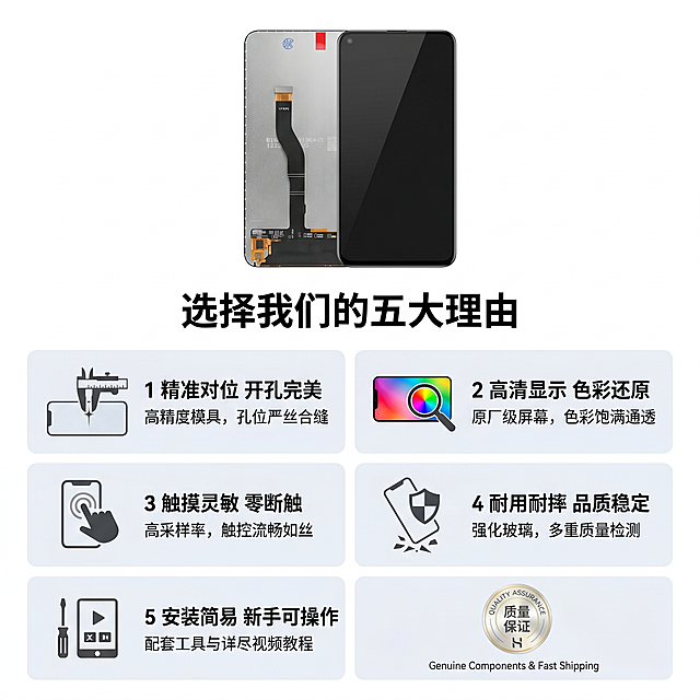 [主图-2] 选择我们屏幕总成的五大理由；氛围为信息清晰、结构分明、科技简约；商业摄影质感，清晰通透，产品真实，画面干净；保持产品外观与输入产品图一致，产品主视觉放在上方，下方采用2×3卡片瀑布流结构，每个卡片带一个卖点+小示意图，商品一致性严格保障；均匀棚拍布光，每个卡片区域亮度一致，文字阴影柔和不突兀；白色干净背景，卡片用浅灰淡色区分，文字深灰黑色清晰；整体1:1对称构图，信息层级分明，产品主视觉占比30%，卡片区域占比60%；顶部主标题"选择我们的五大理由"黑色粗体；五个卡片分别对应：1 精准对位 开孔完美；2 高清显示 色彩还原；3 触摸灵敏 零断触；4 耐用耐摔 品质稳定；5 安装简易 新手可操作；每个卡片内图标+文字，排版整齐，文字清晰不挤压；1:1比例，2048*2048分辨率，超高清；禁止出现变形、文字错乱、背景杂乱、水印、平台Logo、信息重叠