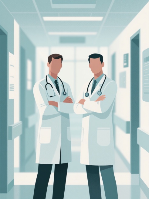 两位穿着白色医生制服、佩戴听诊器的医生，双臂交叉站立在医院走廊中，背景为明亮模糊的医院环境，采用极简主义风格，扁平化设计，低饱和度色调，线条简洁流畅，几何色块构成，无渐变光影，清晰的轮廓线，简约的构图，注重空间感和物体形态的纯粹表达，整体画面干净利落，传达专业、冷静、有序的医疗氛围。预览效果