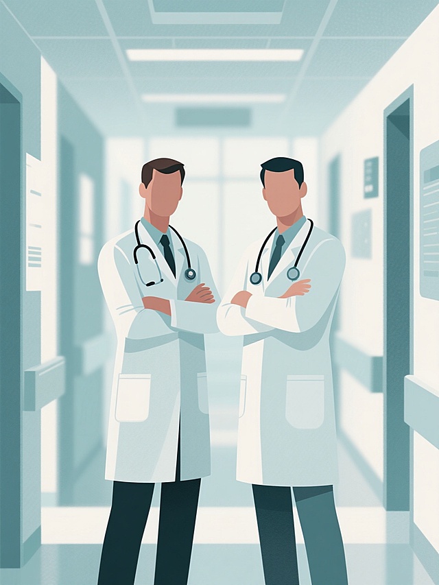 两位穿着白色医生制服、佩戴听诊器的医生，双臂交叉站立在医院走廊中，背景为明亮模糊的医院环境，采用极简主义风格，扁平化设计，低饱和度色调，线条简洁流畅，几何色块构成，无渐变光影，清晰的轮廓线，简约的构图，注重空间感和物体形态的纯粹表达，整体画面干净利落，传达专业、冷静、有序的医疗氛围。