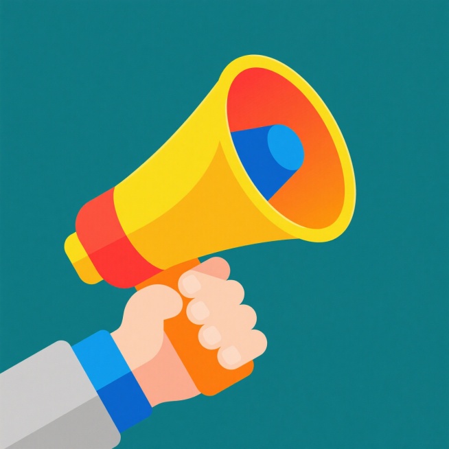 扁平化风格设计的警示图标素材，一只握着黄色橙色渐变扩音器的手，喇叭口有蓝色圆形发声装置，喇叭边缘有黄色高光，手部为浅肤色，袖口为蓝色和灰色，背景简洁，可尝试红色系、蓝色系、绿色系等不同配色方案，保持简洁明了的视觉效果和警示传达功能预览效果