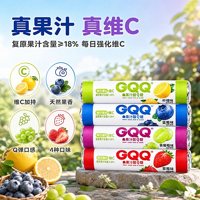[主图-2] GQQ果汁酸Q糖 核心卖点与成分溯源 信任主题。
[统一基调] 清新活力年轻休闲零食风 背景主色为渐变浅蓝到浅紫 标题字色为深蓝+紫色强调色 辅助字色为深灰 字体为圆润粗黑体 字号层级分明 卡片用圆角半透明白色底 图标为简约线性风格。
[画面] 画面中央偏右展示GQQ果汁酸Q糖草莓味卷装主体 产品外观与原图一致 占画面约50% 左侧用圆形成分图标矩阵展示4大核心卖点 每个图标配对应水果素材：柠檬图标配维C字样 蓝莓图标配花青素字样 青葡萄图标配果汁字样 草莓图标配膳食纤维字样 背景为清新的水果果园自然光场景 隐约可见新鲜水果和绿叶 整体干净通透有科学营养感。
[光影质感] 商业摄影质感 柔和自然光 产品包装有真实质感 成分图标清晰精致 底部有自然阴影。
[配色] 背景渐变浅蓝到浅紫 标题深蓝色 强调字紫色 辅助文字深灰色 整体干净清爽有品质感。
[文字版式] 顶部大标题"真果汁 真维C" 下方小字"复原果汁含量≥18% 每日强化维C" 左侧4个圆形图标下方分别标注"维C加持""天然果香""Q弹口感""4种口味" 文字放在图标下方 不遮挡产品 字体统一圆润粗黑 标题最大 说明文字缩小。
[输出要求] 比例1:1 文字清晰可读 产品清晰完整 无变形 无错字 无模糊 无杂乱元素 无水印 无平台Logo 禁止出现二维码。