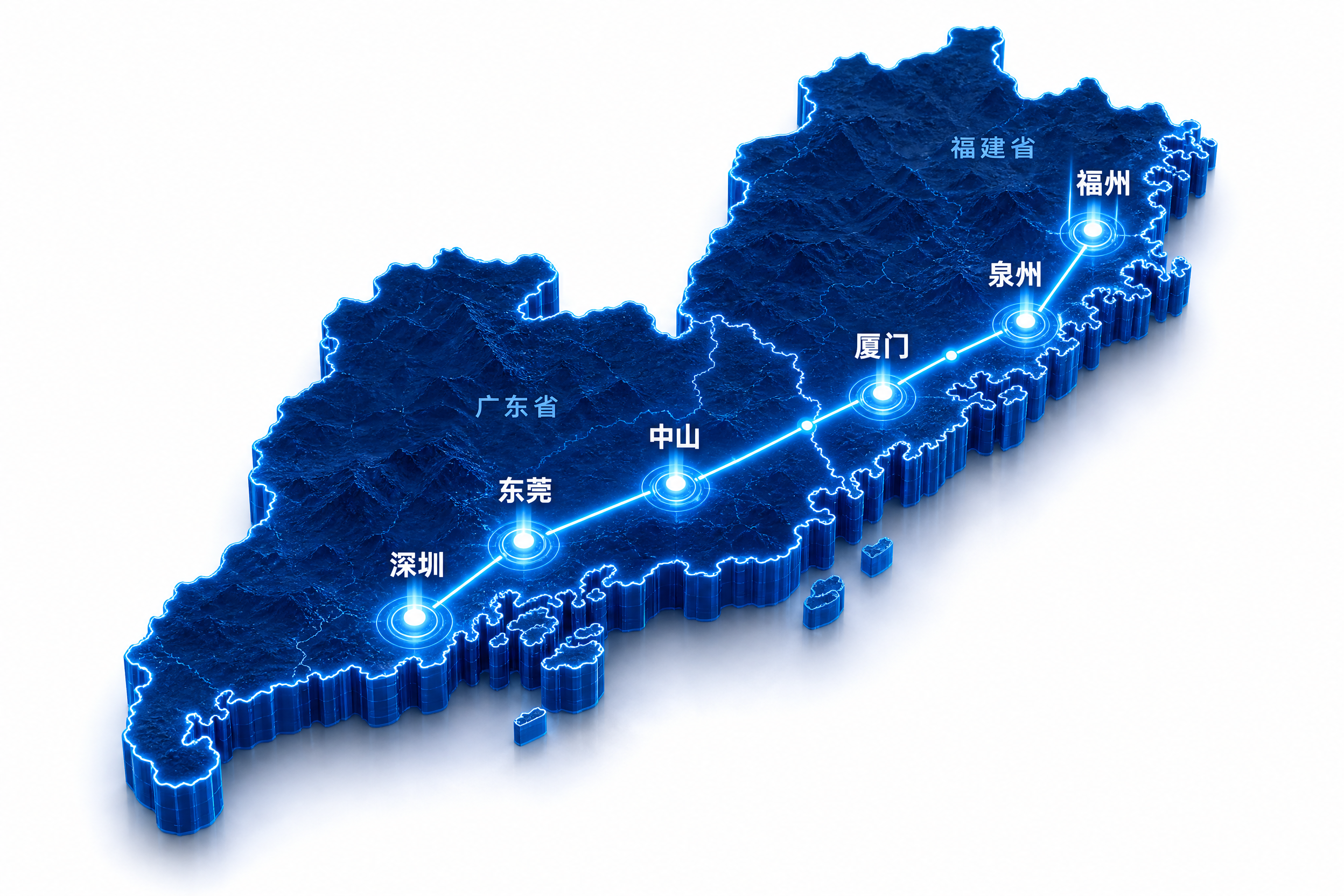 3D立体科技风格的华东区域地图示意图，包含福建省和广东省两个省… - 图片创意预览
