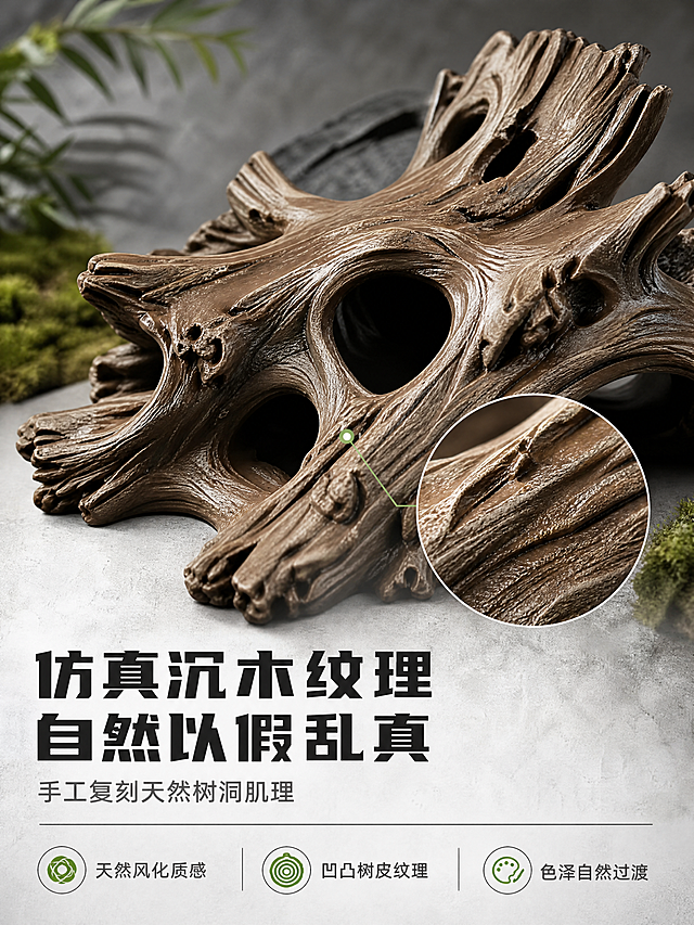 [商品] 使用【图2】棕色仿真树洞爬宠躲避屋；保留沉木树皮纹理、木纹凹凸质感、棕色深浅渐变、树洞边缘的自然风化效果；微距展示材质细节，纹理清晰可见。
[画面] 页面目标：细节质感展示，突出仿真沉木的工艺与肌理。构图：产品局部微距特写，占画面70%，聚焦树洞边缘和树皮纹理；浅灰白底，产品斜45度摆放；画面下方留白放文字；用局部放大圈展示纹理极致细节。
[视觉] 套系策略：风格=自然森系高级商业摄影风；标题字=硬朗现代粗黑体；正文字=简洁无衬线体；主色=炭黑深灰；背景延展=基于炭黑做深浅灰阶渐变、水泥肌理、暗调绿植层次；强调色=苔藓绿，仅用于小面积图标、引线和标签；标题色=深炭灰；正文色=中暖灰；组件=白色圆角信息卡、圆形放大框、细线引线；光影=侧光突出纹理凹凸感，明暗对比强化质感。
[文字] 底部主标题「仿真沉木纹理 自然以假乱真」，副标题「手工复刻天然树洞肌理」，配3个细节卖点：天然风化质感 | 凹凸树皮纹理 | 色泽自然过渡；文字不遮挡纹理细节主体。
[规格] 图片比例3:4竖版，4K分辨率，负向提示：避免变形、错字、文字过小、颜色失真、塑料感、卡通化、纹理模糊