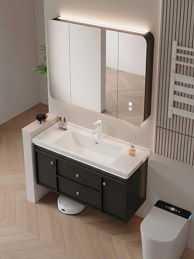 将原图中的黑色龙头替换成参考图里的白色龙头，保持浴室柜整体风格、背景和其他元素都不变