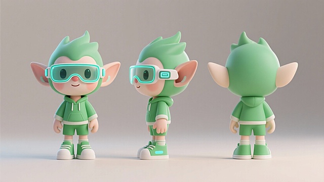 卡通潮玩，衣物和鞋子都是绿色的小精灵，戴着一副小巧的智能护目镜，可爱，精灵活泼，科技感，纯色背景