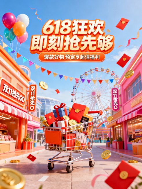 3D卡通渲染风格插画，明亮欢快的暖色调，以橙色、红色、粉色为主，搭配蓝天的清新蓝色，热烈且充满活力的氛围，细节精致且富有立体感。画面中央是一辆装满礼物、红包、金币和商品的购物车，两侧是充满烟火气的购物预览效果