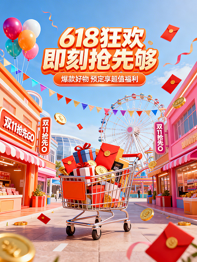 3D卡通渲染风格插画，明亮欢快的暖色调，以橙色、红色、粉色为主，搭配蓝天的清新蓝色，热烈且充满活力的氛围，细节精致且富有立体感。画面中央是一辆装满礼物、红包、金币和商品的购物车，两侧是充满烟火气的购物街店铺，店铺招牌上有“双11抢先GO”的文字，空中有彩色气球、飘扬的彩旗，金币和红包四散飞舞，背景是现代化的游乐场所有摩天轮，天空晴朗。画面上方有“618狂欢 即刻抢先够”的促销主题文字，下方有“爆款好物 预定享超值福利”的优惠信息，整体传递出618购物节的热闹、实惠与狂欢感，细节丰富且层次分明，风格统一协调。