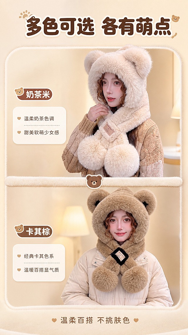 [商品] 使用【图4】奶茶米款、【图3】卡其棕款小熊耳朵帽子围巾一体三件套；保留各款小熊耳朵造型、毛绒质感、围巾交叉设计、毛球装饰与各自颜色；自然理顺毛绒纹理，增强蓬松绒感，不改变版型结构。
[画面] 目标：第7张双色穿搭对比展示页，丰富SKU视觉呈现。构图：上下分栏，上半部分奶茶米款模特半身，下半部分卡其棕款模特半身，中间用柔和分割线和色名标签区分；每款主体占各自区域65%。背景为统一的浅米色暖调场景。
[视觉] 套系策略：风格=简约清新暖调商业摄影；标题字=圆润可爱无衬线粗体；正文字=简洁无衬线体；主色=奶杏米白；背景延展=基于奶杏米白做深浅层级、同色渐变和细腻毛绒/纸张质感；强调色=酒红棕，仅用于小面积图标、引线和标签；标题色=深棕咖；正文色=中暖灰；组件=圆角浅底信息卡、细线引线、毛绒质感装饰边；光影=正面暖柔光，均匀明亮。
[文字] 顶部主标题"多色可选 各有萌点"，两款旁边分别标注色名"奶茶米"、"卡其棕"，底部小字"温柔百搭 不挑肤色"；文字全部横排，不遮挡产品。
[规格] 图片比例9:16竖版，4K，避免变形、错字、文字过小、冷蓝背景、颜色改变、版型失真、极限词。