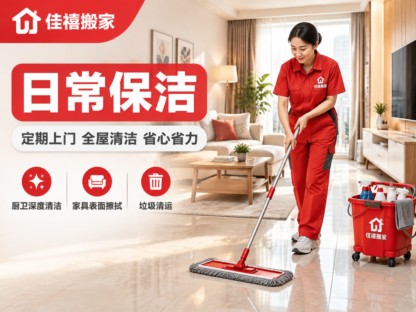 [主图-2] 日常保洁服务主题图，佳禧搬家品牌红色系家政保洁主… - 图片创意预览