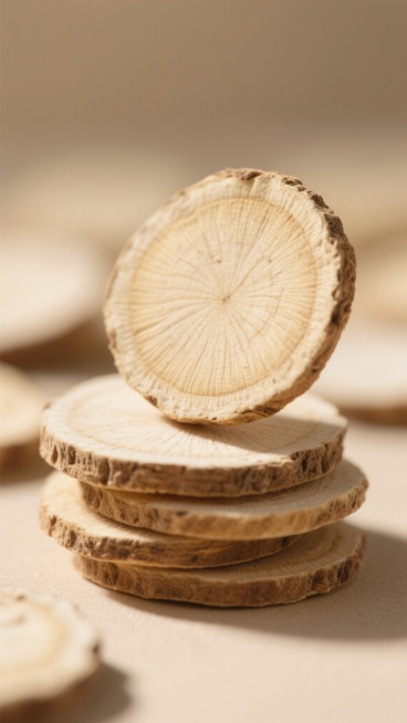 高清晰特写摄影，几片整齐叠放的圆形切片药材，最上方一片切片以倾斜角度错位叠放，展现出药材切片的自然纹理、细密的环状年轮和边缘的粗糙质感，整体呈现温暖的米黄色调，柔和的侧光从左上方照射，形成清晰的投影和微妙的光影层次，背景为模糊的同色系药材切片散景，营造出干净、自然、专业的静物拍摄氛围，突出药材的天然质感和细节。预览效果
