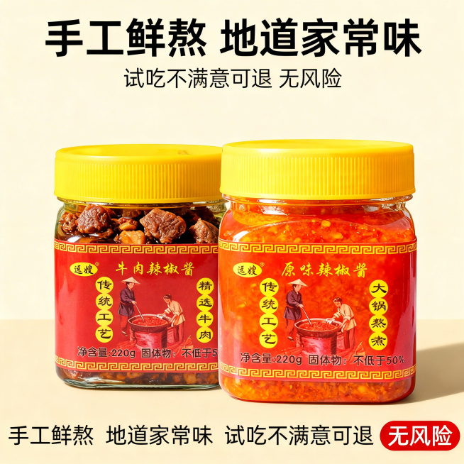 电商主图风格，浅米色背景，画面简洁，主体是两款酱料的开盖实拍，牛肉款可见大颗牛肉，原味款色泽鲜亮，文字标注“手工鲜熬 地道家常味 试吃不满意可退 无风险”，光线明亮，无多余装饰，高清细节清晰，突出“无预览效果