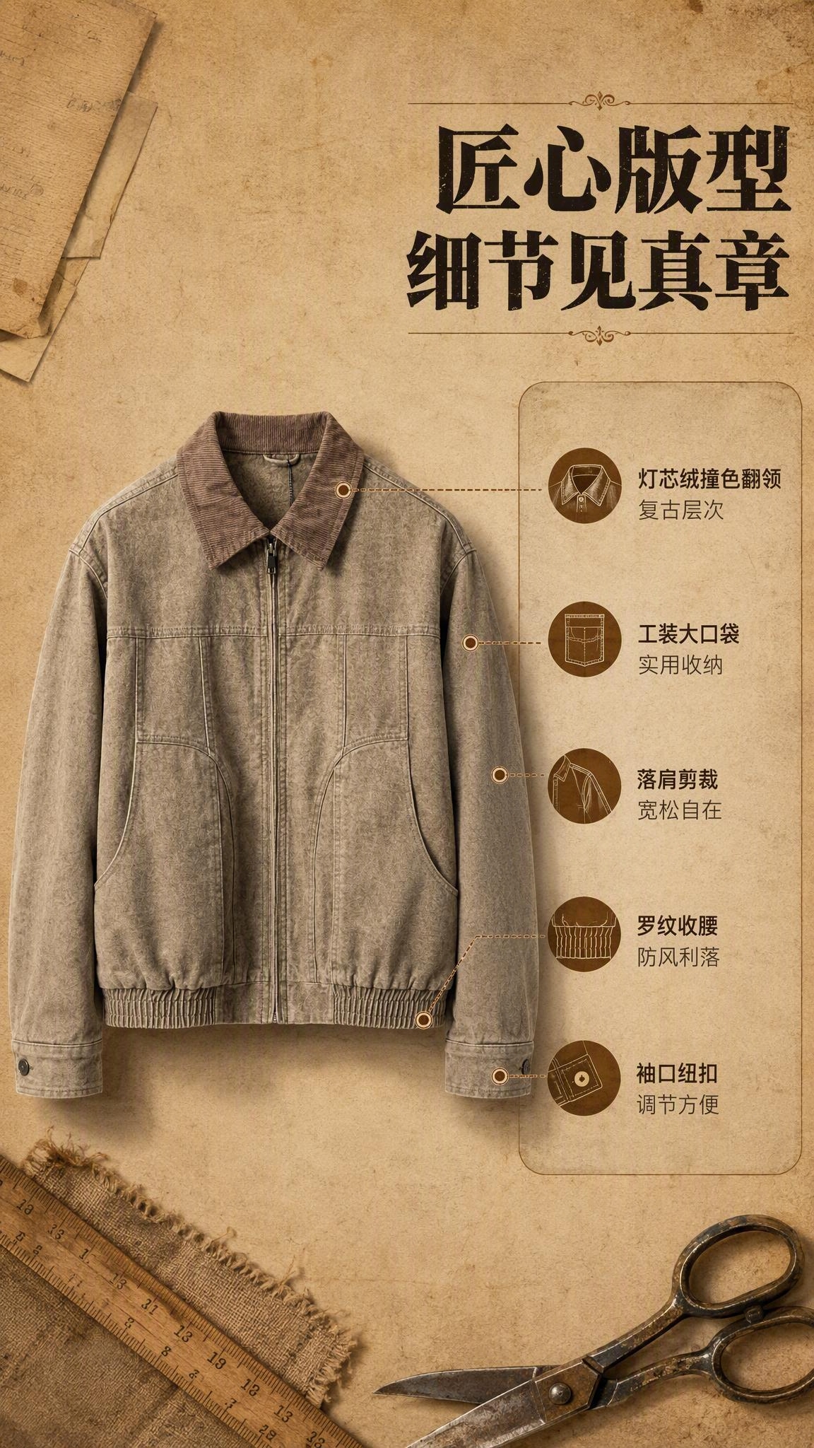 [商品] 使用【图1】卡其色做旧工装夹克；商品处理：保留灯芯绒… - 图片创意预览