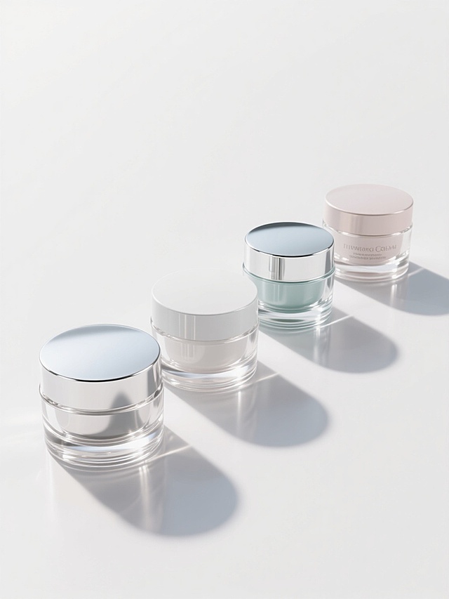 白色背景下，四个不同外观、不同配色、不同样式的面霜罐整齐排列，每个面霜罐都具有原图中展现的高清写实3D质感，透明玻璃材质的罐身带有细腻的光泽和微妙的反光效果，搭配光滑的金属或塑料盖子，整体光影层次分明，高光处明亮锐利，阴影过渡自然柔和，呈现出高端护肤品的精致与纯净感，构图简洁大气，突出产品本身的形态美与材质细节。