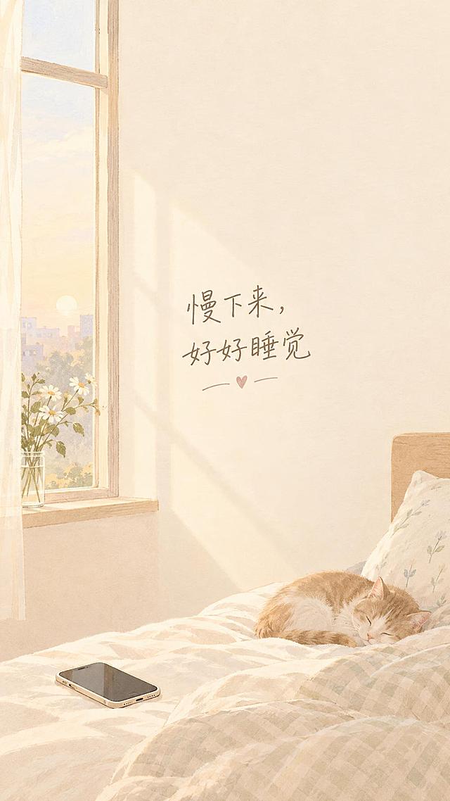 竖版信息长图封底，简约手绘插画风格，暖米底色，柔和低饱和配色，手账生活化质感。清晨窗边场景，柔和的晨光洒进来，手机静静地放在一旁，画面中央有温柔的文字："慢下来，好好睡觉"，整体氛围温柔治愈，留白充足，无多余杂物，温暖宁静的感觉