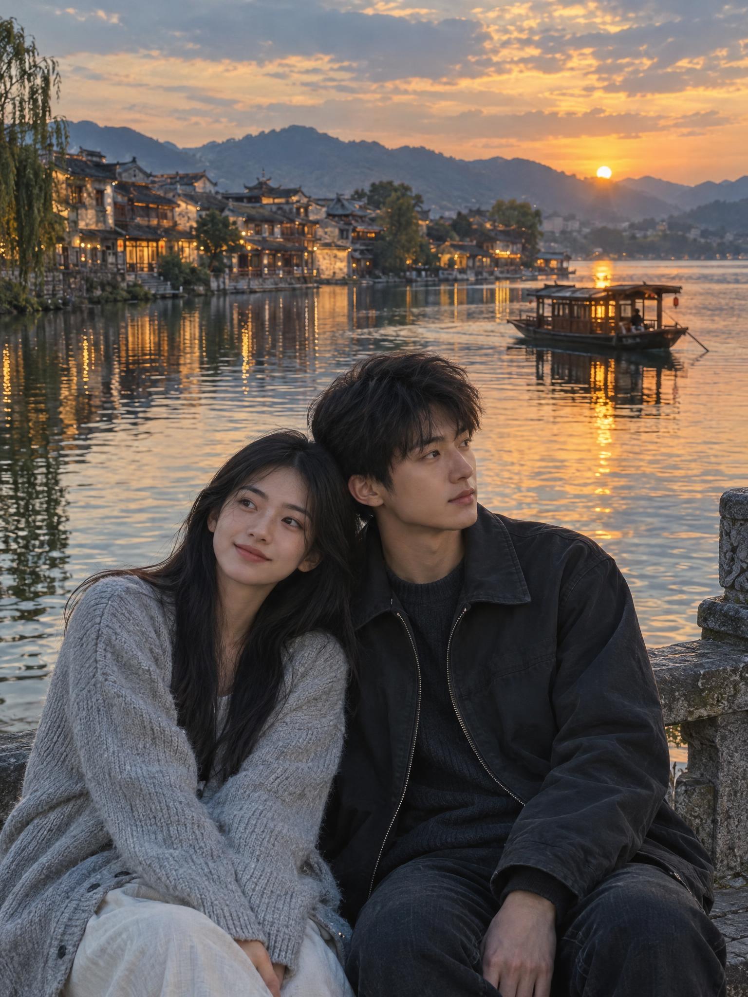 竖版3:4写实电影静帧：同一对原创东亚青年情侣坐在湖畔石栏边，… - 图片创意预览