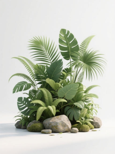 超写实3D渲染的热带花草组合，蕨类、棕榈叶等绿植精致呈现，搭配自然石头，层次丰富且干净，绿色调深浅过渡自然，柔和光线凸显叶片纹理与光影，纯白色透明背景突出主体，构图饱满具生机，尽显自然野趣的背景素材风格提示词预览效果