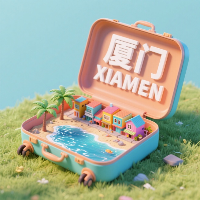 俯视图，一个打开的行李箱，行李箱内侧盖子写着“厦门 XIAMEN“，行李箱体里是沙坡尾、大海、椰子树组成的3d微缩景观，行李箱被放在草地上预览效果