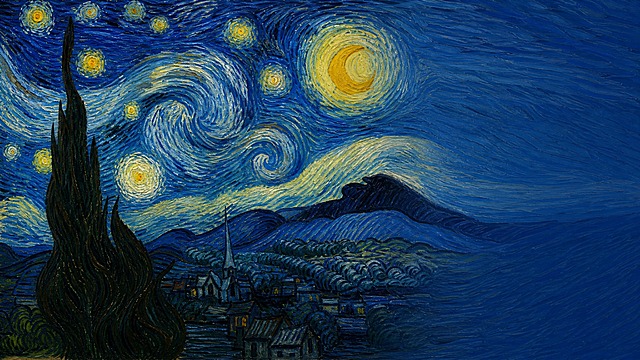 梵高星月夜油画，真实还原梵高星夜经典作品，深蓝色夜空中旋转的星云和明亮的星星，下方有小村庄和丝柏树，漩涡状云彩，厚涂油画笔触，画面左侧是星空油画主体，右侧留出文字排版空间，16:9横版构图，高清博物馆级油画质感