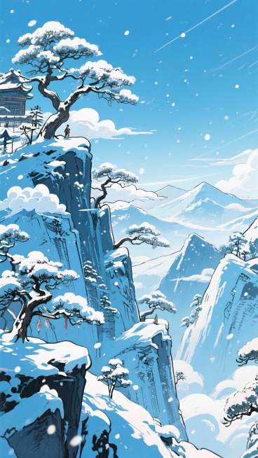 二次元古风，下雪，群山之巅，树，云，浅蓝色，细节丰富，元素多样，9:16,不要人物，生成2张预览效果