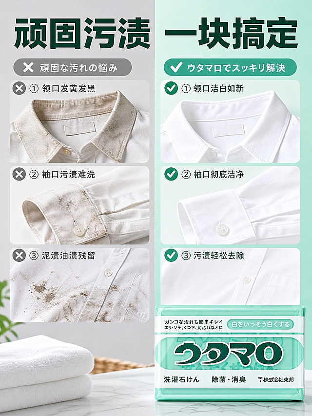 [商品] 使用【图1】东邦洗衣皂，保留薄荷绿色透明皂体和日文包装文字，真实功能方向：衣物去污清洁。
[画面] 目标：痛点对比页，展示衣物污渍痛点与使用后的洁净对比。构图：左右分栏对比，左侧痛点区，右侧解决后区，中间竖线分隔。景别：衣物中景。前中后景：前景衣物细节，中景洗衣皂放在右下角，后景左右不同色调背景（左灰调、右亮调）。阅读动线：从左到右对比阅读。场景：真实衣物污渍场景。
[视觉] 套系策略：风格=日系清新洁净商业摄影风；标题字=粗黑体；正文字=常规黑体；主色=薄荷绿；背景延展=左侧浅灰底营造痛点氛围，右侧薄荷绿渐变底营造洁净感；强调色=白色；标题色=深墨绿；正文色=深灰绿；组件=左右对比分栏、对勾/叉号图标、痛点标签卡；光影=左前侧柔和自然光。
[文字] 顶部主标题「顽固污渍 一块搞定」。左侧痛点区3个痛点：①领口发黄发黑 ②袖口污渍难洗 ③泥渍油渍残留，配叉号图标。右侧效果区对应3个效果：①领口洁白如新 ②袖口彻底洁净 ③污渍轻松去除，配对勾图标。右下角放置洗衣皂产品。
[规格] 图片比例3:4竖版，4K分辨率，负向提示：避免过度恶心污渍画面、变形、错字、文字过小、颜色改变、包装文字错乱。