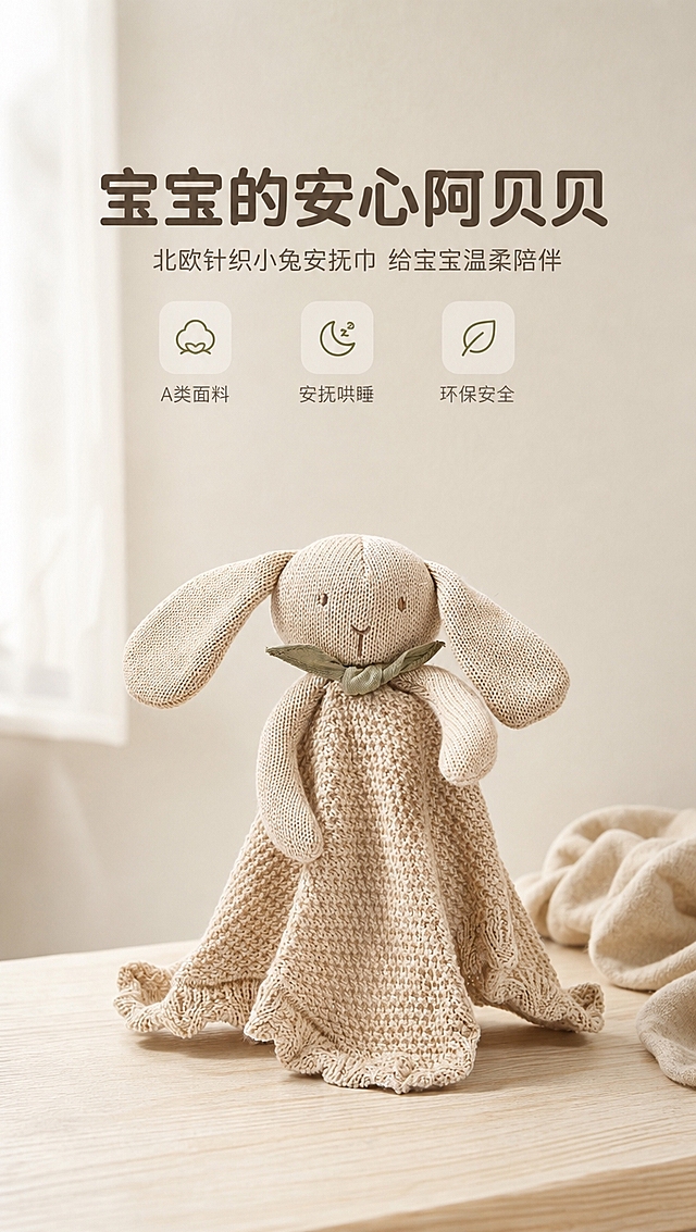 [商品] 使用【图1】米杏色针织长耳兔安抚巾；保留长垂耳、豆豆眼、Y型小嘴、橄榄绿领结、立体针织纹理、波浪荷叶边下摆、整体米杏沙色调和安抚巾版型；自然理顺针织纹理，增强缝线与面料细腻质感，不改变结构和颜色。
[画面] 页面目标：氛围头图，建立北欧简约高级婴童产品第一印象。构图居中偏下，安抚巾正面放置在浅原木桌面上，产品占画面约55%，上方大量留白放标题。前景浅原木桌面纹理，中景安抚巾主体，后景浅燕麦色墙面，左侧柔和窗边自然光漫射，右下角点缀少量亚麻布料褶皱。画面干净治愈，安静温馨，大量留白。
[视觉] 套系策略：风格=北欧丹麦简约高级婴童产品实拍；标题字=圆润圆角无衬线粗体；正文字=简洁细体无衬线；主色=沙色米杏；背景延展=基于浅燕麦色做深浅层级、同色渐变和细腻墙面/纸张质感；强调色=橄榄绿，仅用于小面积图标、引线和标签；标题色=深暖棕；正文色=中暖灰；组件=圆角浅底信息卡、细线引线、圆点装饰；光影=左前侧窗边柔光，漫射软光，阴影柔和。
[文字] 上方留白居中放主标题「宝宝的安心阿贝贝」，副标题「北欧针织小兔安抚巾 给宝宝温柔陪伴」，下方配3个小卖点图标：A类面料 / 安抚哄睡 / 环保安全。文字不遮挡产品主体，全部横排，手机端清晰可读。
[规格] 图片比例9:16竖版，4K分辨率，写实8K细腻质感，避免变形、错字、文字过小、高饱和配色、杂乱道具、冷蓝背景、产品颜色改变、版型失真。