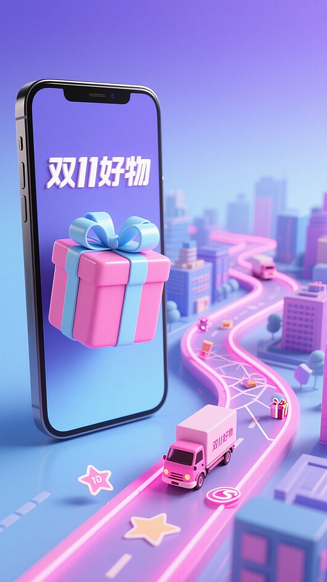 梦幻感与甜蜜感交织的软3D风格，卡通化微缩城市中，手机屏幕跃出粉色礼盒，霓虹灯风道路蜿蜒，配送车驶向双11狂欢。