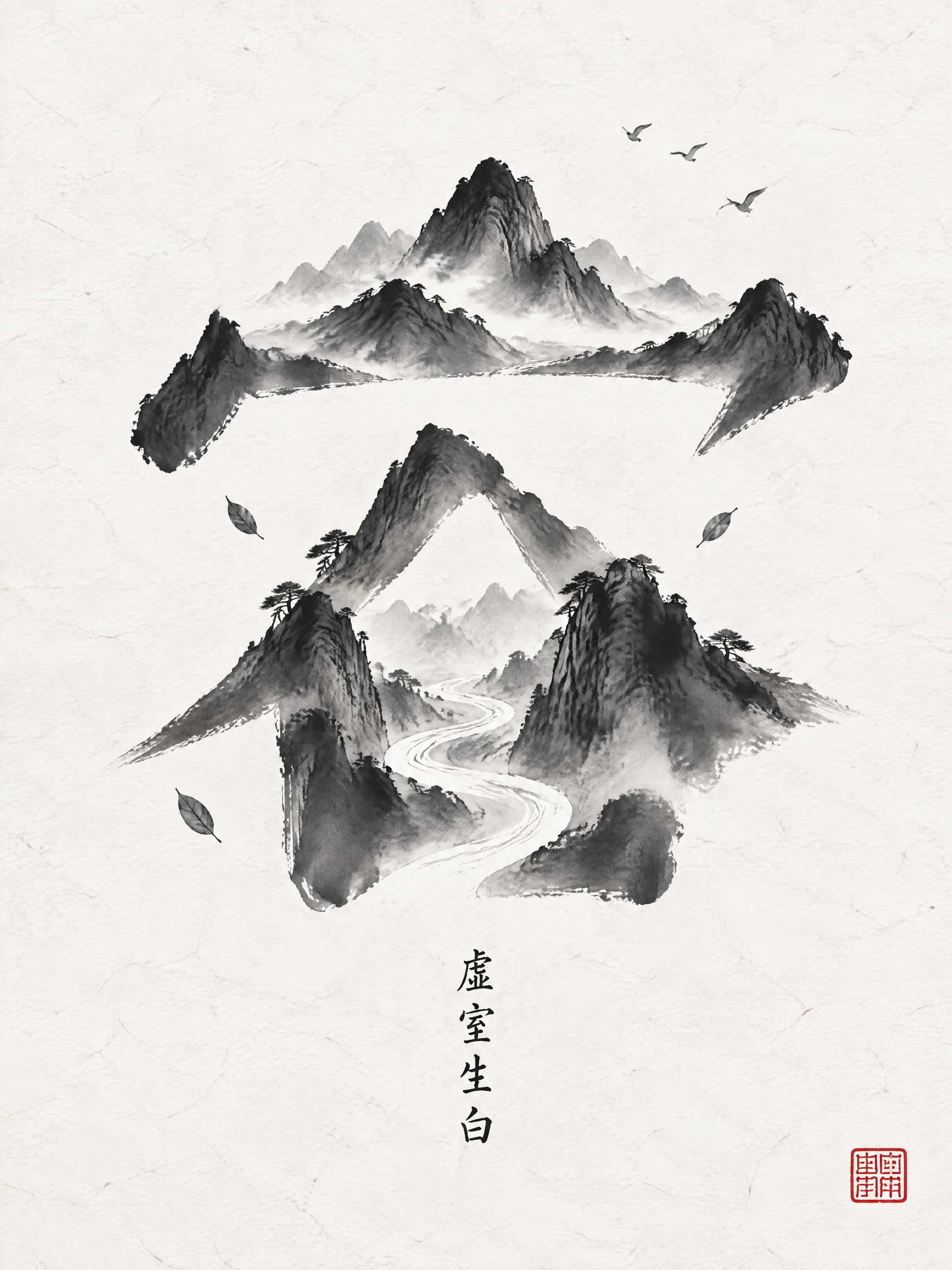 参考图1的构图方式（主体居中偏上、大面积留白、极简东方水墨意境… - 图片创意预览