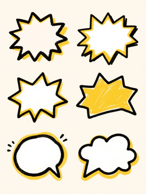 6个不同配色、不同样式、不同材质的爆炸对话框造型，采用手绘涂鸦风格，线条粗犷随性，内部留白，边缘有黄色和黑色的描边装饰，以浅色为背景，上下两行对齐排列，每个对话框造型独特，保持一致的手绘涂鸦艺术风格和活泼氛围。预览效果