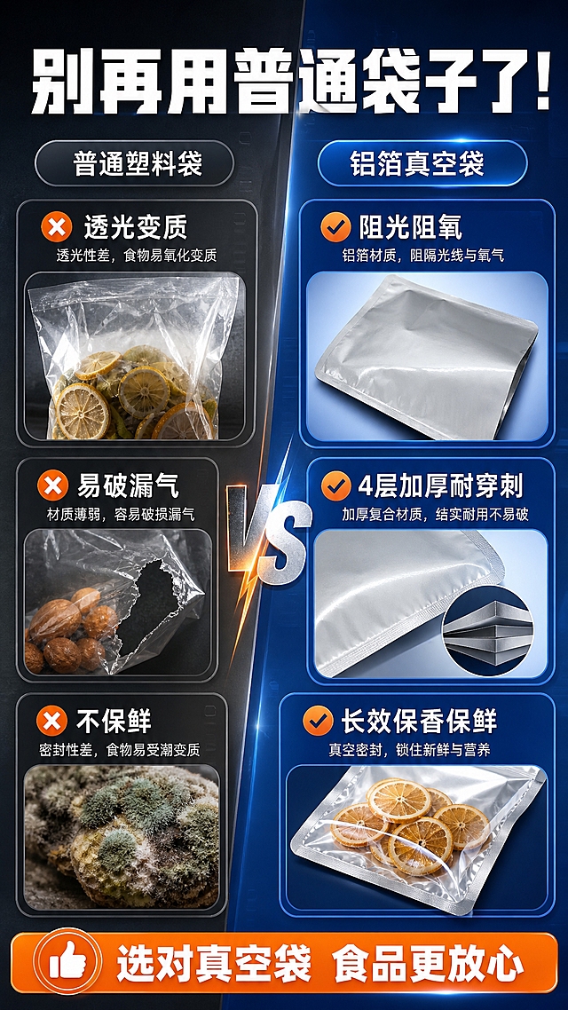 [商品] 使用【图4】银色纯铝箔真空袋单袋产品图；保留铝箔袋银色金属质感、圆角、热压封口、撕口设计；增强表面光泽，保持真实结构。
[画面] 痛点对比页，目标展示普通包装袋与铝箔真空袋的差异；左右分栏对比构图，左侧为普通塑料袋痛点（透光、易破、食物变质示意），右侧为铝箔真空袋解决效果（阻光、结实、保鲜）；产品在右侧占画面40%；中间用箭头或VS标识分隔；背景左侧偏灰暗，右侧偏明亮工业蓝。
[视觉] 套系策略：风格=拼多多工业风高性价比商业海报；标题字=粗黑黑体大字；正文字=清晰黑体；主色=工业深蓝；背景延展=基于工业深蓝做渐变层次、金属反光质感和科技光效；强调色=亮橙色，仅用于小面积标签、图标和价格标；标题色=白色；正文色=浅灰白；组件=圆角信息卡、粗线分割、胶囊标签；光影=正面柔光+侧方金属轮廓光。
[文字] 顶部大标题"别再用普通袋子了！"，左侧痛点区3个痛点："透光变质"、"易破漏气"、"不保鲜"，右侧卖点区3个解决："阻光阻氧"、"4层加厚耐穿刺"、"长效保香保鲜"；底部橙色条"选对真空袋 食品更放心"；所有文字横排。
[规格] 图片比例9:16竖版，4K分辨率，避免变形、错字、文字过小、产品颜色改变、材质失真、极限词。