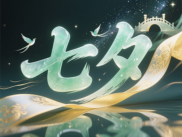 梦幻中式插画风，液态大字“七夕”，星河桥影，鸟儿翩飞，浪漫节日氛围。