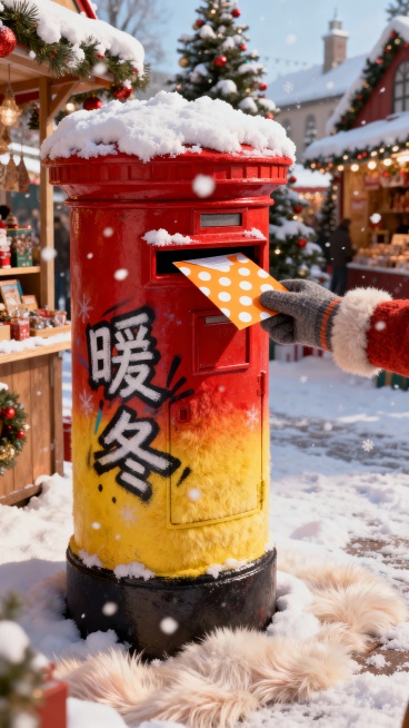 主体为红黄渐变的邮筒（完整展示，上面涂鸦文字 “暖冬”，顶部积雪），一只戴着手套的手朝里面放入橙黄白波点的明信片，背景在圣诞市集的雪地预览效果