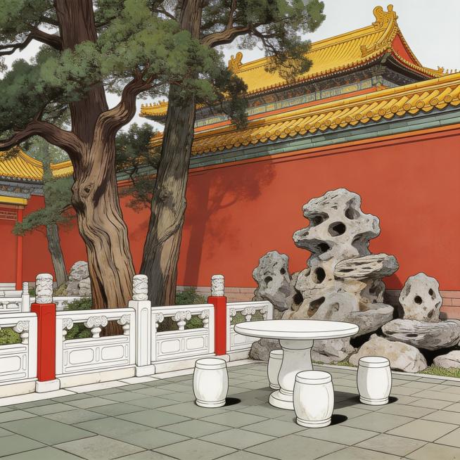 写实国风漫画收尾小景格，呈现真实故宫御花园古柏、假山实景，展现皇家休憩场景，写实国风漫画风格，色调贴合朱红、明黄、汉白玉白，贴合故宫实景预览效果