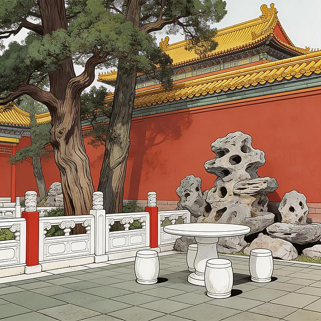 写实国风漫画收尾小景格，呈现真实故宫御花园古柏、假山实景，展现皇家休憩场景，写实国风漫画风格，色调贴合朱红、明黄、汉白玉白，贴合故宫实景