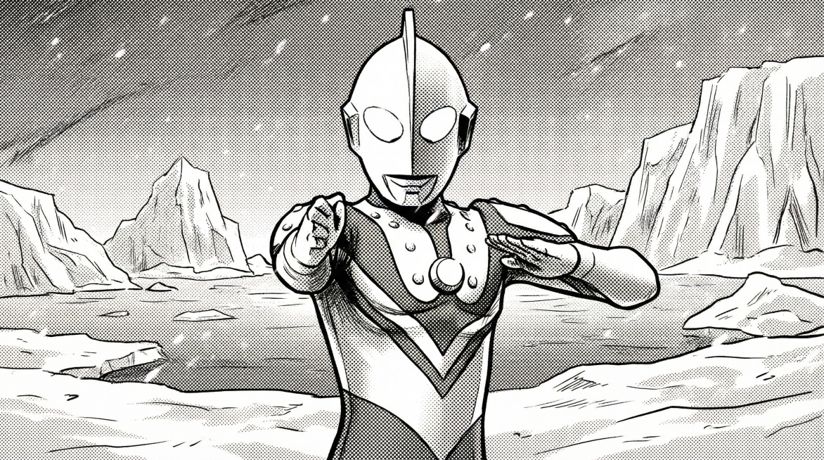 将这张奥特曼图片转换为16:9黑白漫画风格，背景改为冰雪极地场景，保持人物主体造型不变，转换出漫画线条和黑白网点质感预览效果